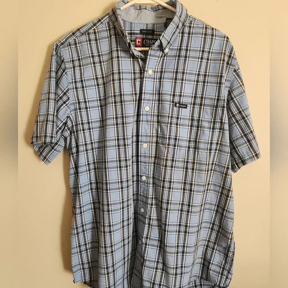 M34 Chaps Easy Care Light Blue & Yellow Plaid Short Sleeve Button-Down Shirt